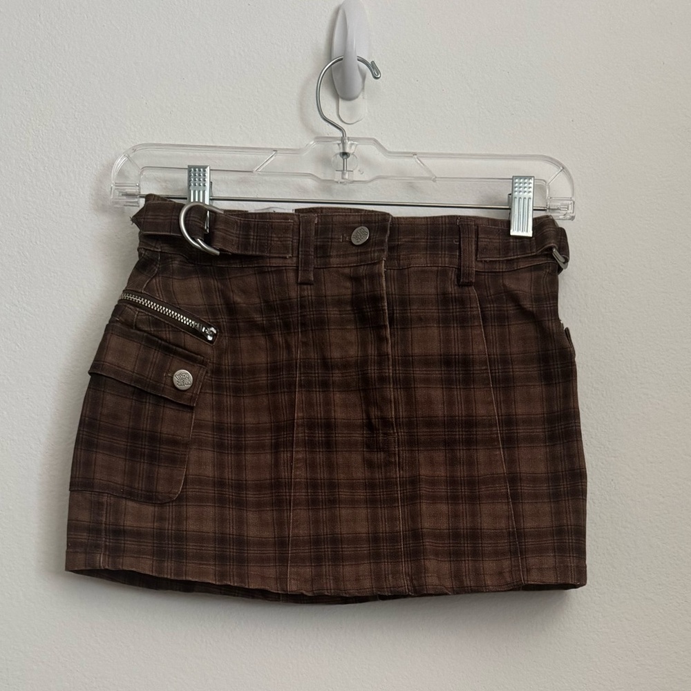 With Jean Brown Plaid Mini Skirt with Zip Pocket